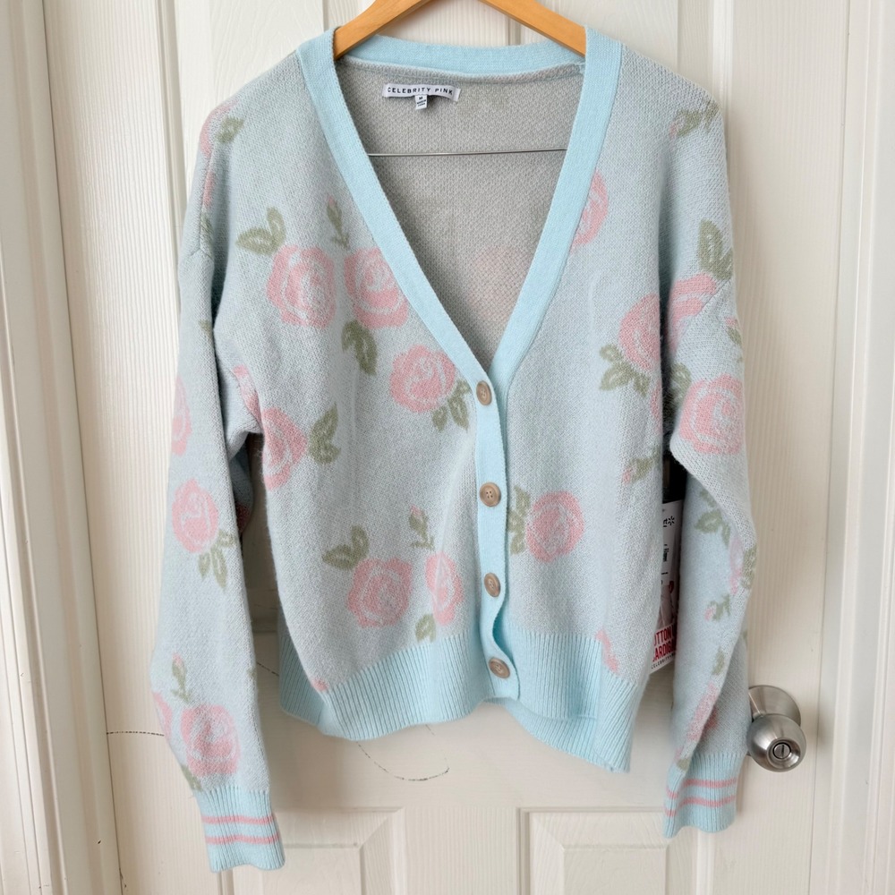 Celebrity Pink Womens Light Blue Pink Rose Floral V-Neck Button Up Cardigan NEW - Picture 14 of 14